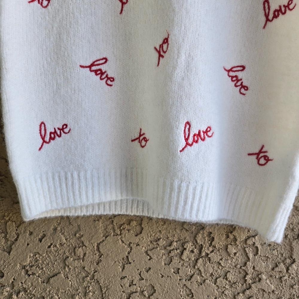 Cynthia Rowley Love Script Sweater White & Red Embroidered Puff Sleeve NWT XS - Picture 3 of 8